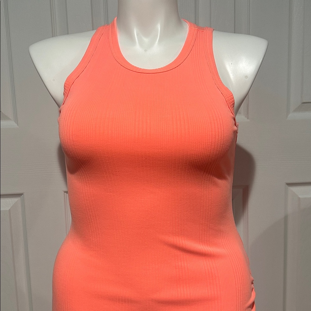 Aerie Neon Orange Ruched Ribbed Midi Dress with side slit size small‎ - Picture 4 of 7